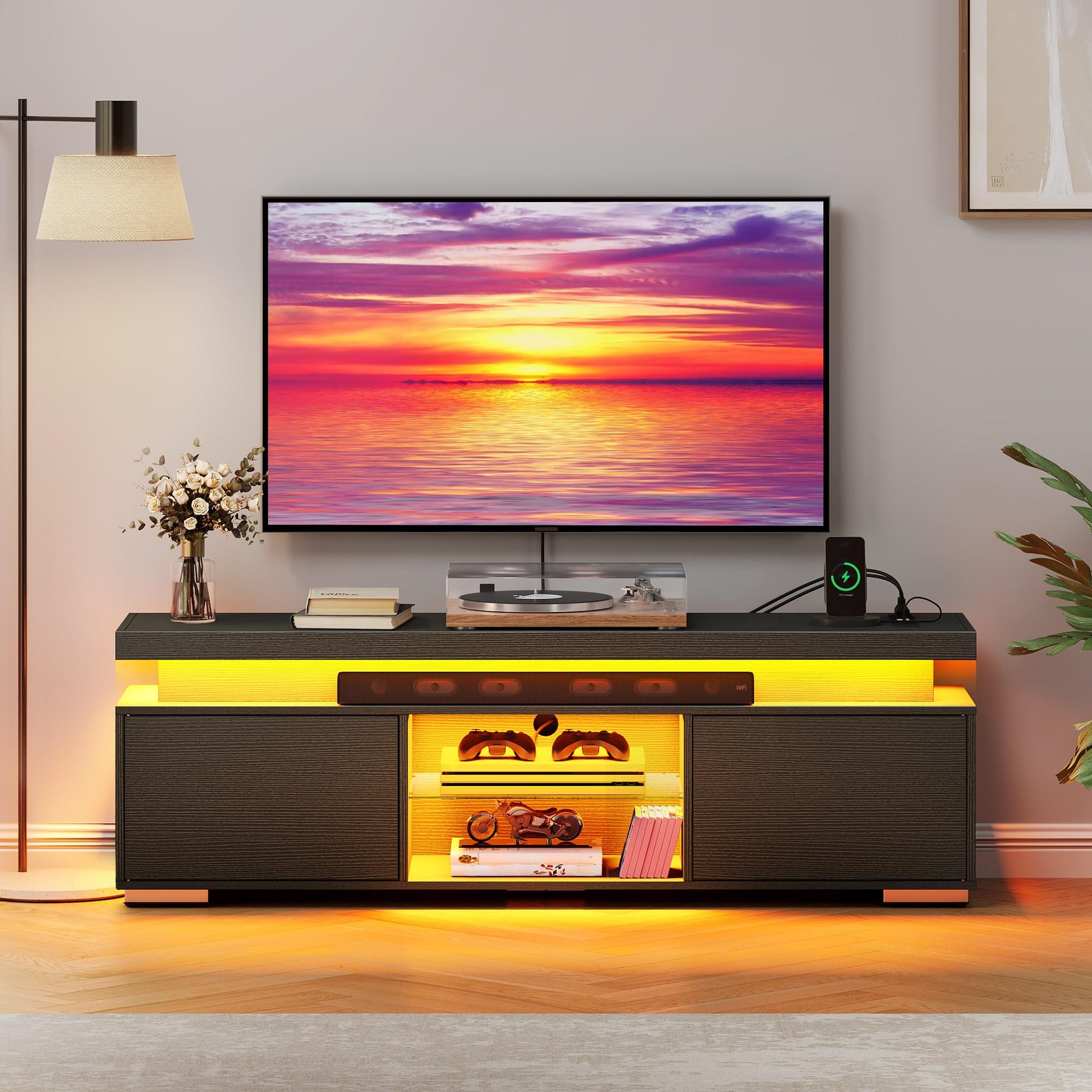 YITAHOME TV Stands for Living Room, 65 55 50 inch TV Stand, Modern Entertainment Center w/Power Outlets, LED Television Stands with Storage, Wood TV Stand, Gaming Media Stand, Black - WoodArtSupply