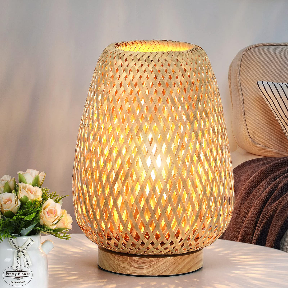 Rattan Table Lamp, Stepless Dimmable Small Beside Lamp, Vintage Wicker Wooden Nightstand Lamp, Boho Bamboo Woven End Table Lamp for Bedroom Living Room Desk Kids Room, 2700K T45 LED Bulb Included Brightever