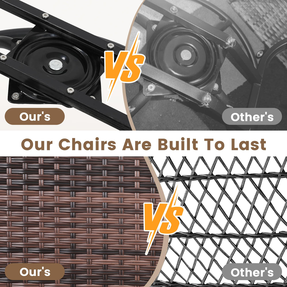 wildformers 2 Luxury Outdoor Swivel Wicker Glider Patio Chairs with Table Set, Overstuffed Washable Cushions, Ideal for Porch, Balcony, Deck, Brown Rattan and Beige Cushions wildformers