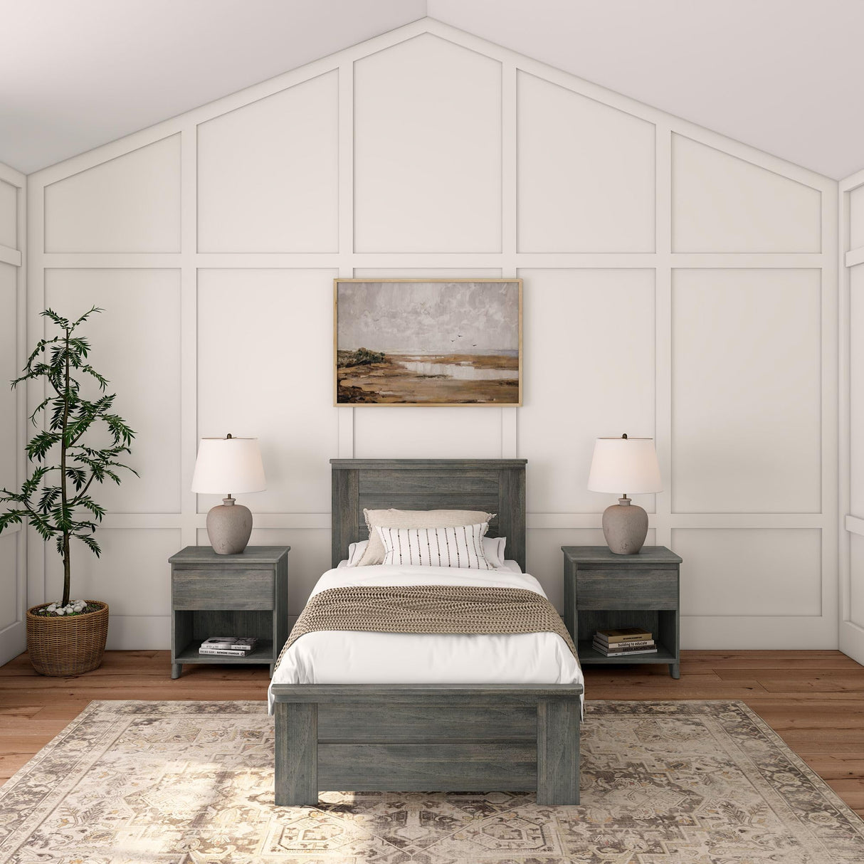 Plank+Beam Rustic Wood Twin Bed Frame, Platform Bed with Headboard, Solid, Driftwood Plank+Beam