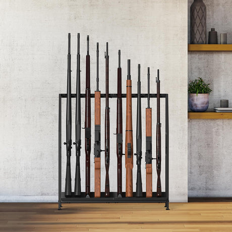Gun Rack, Floor Standing Shotgun Racks Indoor, Heavy Duty Metal Frame Wooden Rifle Racks with Foot Padding, Vertical Gun Display Stand for Home Garage Gun Storage - Holds up to 10 Long Guns Nandae