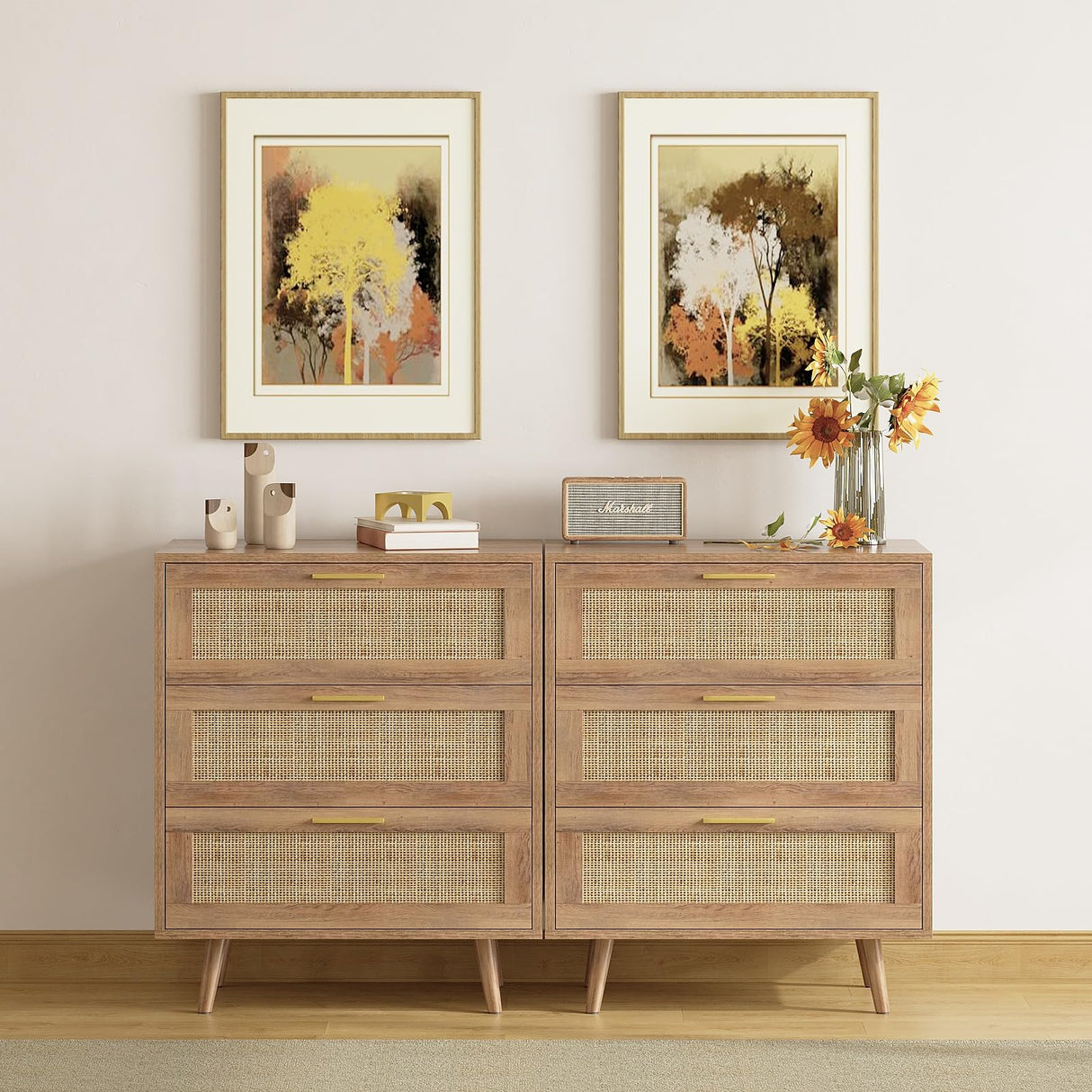 Trironsun 3 Drawer Dresser for Bedroom Rattan Dresser Chest of Drawers with Spacious Storage Boho Clothes Storage Nightstand for Living Room Trironsun