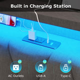 busyaeh Queen Bed Frame with Storage Headboard, Metal Bed Frame with LED Lights & Charging Station, Upholstered Queen Bed with Marshmallow Headboard, No Box Spring Needed, Easy Assembly，Dark Gray busyaeh