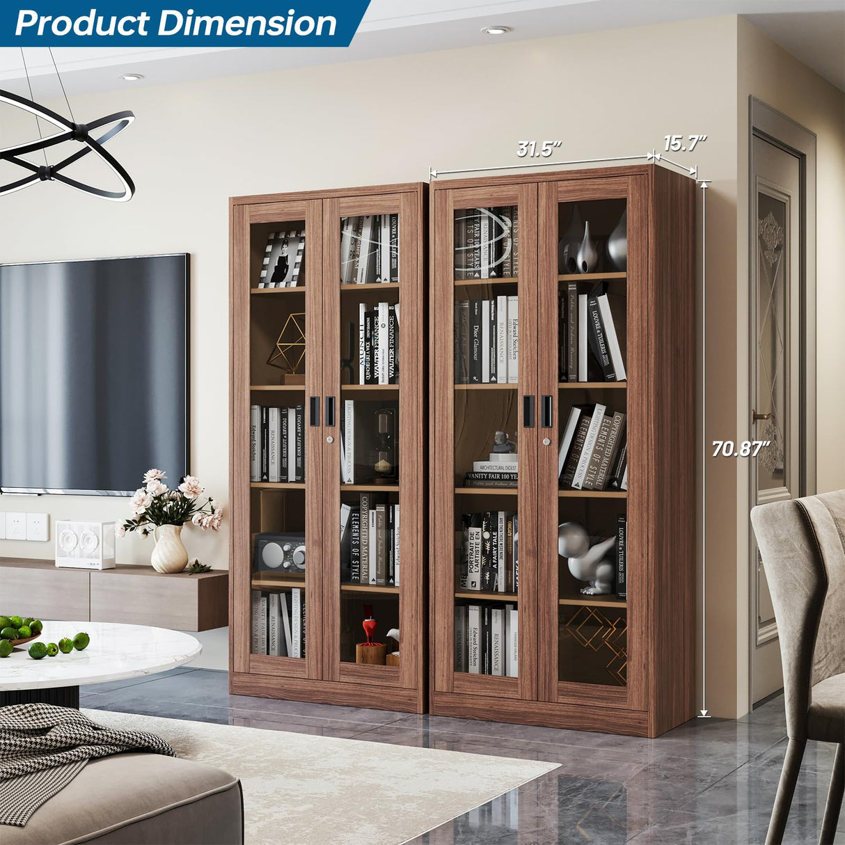 PEUKC Display Cabinet-71 Inches 4 Adjustable Shelves Curio Cabinets with Locking Glass Doors Display Case for Collectibles, Cosmetics, Hydroponics, Books (Wood Color,Assemble Required) PEUKC