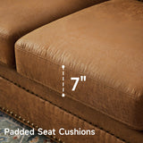 ONBRILL 84" Faux Leather Couch, Mid-Century Modern Couch w/Brass Nailhead Trim, 3 Seater Leather Sofa Couch w/Rolled Arm, Pocket Spring Cushions, Gourd Feet, Brown Couch Leather Sofas for Living Room ONBRILL