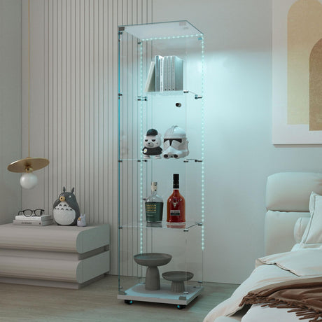 nifoti 65" H 4-Shelf LED Lights Strip Glass Display Cabinet with Lock & Casters, Modern Glass Top Curio Storage Cabinet Collection Display Case, Tempered Glass Bookshelf Case for Living Room(White) nifoti