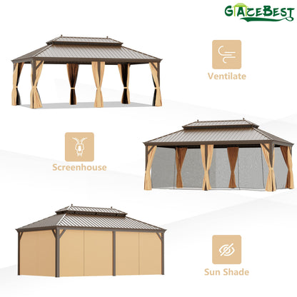 GAZEBEST 12' X 20' Permanent Hardtop Gazebo, Outdoor Galvanized Steel Double Roof Pavilion Pergola Canopy with Aluminum Frame and Privacy Curtains