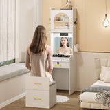 Small Vanity Desk with Mirror and Lights, Makeup Vanity Table with Drawers for Small Space, Compact Mini Corner Vanity Set Dressing Table - Charging Station & Human Motion Sensing for Bedroom (White) HWB