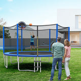 GYMAX Trampoline for Kids, ASTM Approved 12FT 14FT 15FT 16FT Recreational Toddler Trampoline with Enclosure Net, Basketball Hoop, Basketball & Pump, Rebounder Trampoline for Adults (12FT) Black+Blue GYMAX