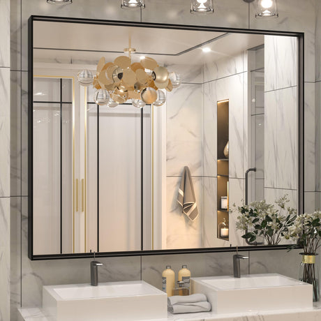 Keonjinn Black Bathroom Mirror 48” x 40” Wall Mirror for Bathroom Vanity Large Metal Frame Rectangle Mirror for Over Sink Rectangular Farmhouse Square Corner Framed Mirror(Horizontal/Vertical) Keonjinn