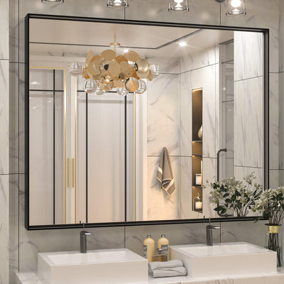 Keonjinn Black Bathroom Mirror 48” x 40” Wall Mirror for Bathroom Vanity Large Metal Frame Rectangle Mirror for Over Sink Rectangular Farmhouse Square Corner Framed Mirror(Horizontal/Vertical)