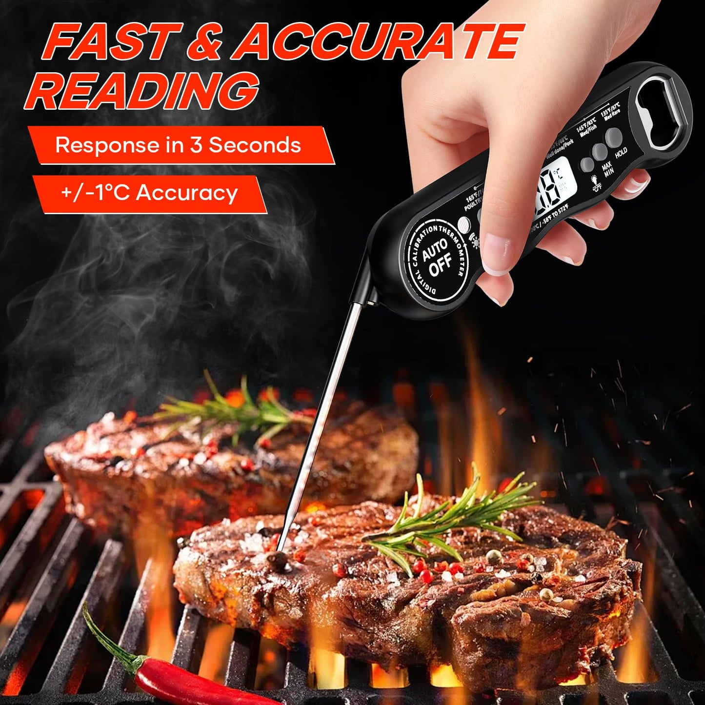 Instant Read Meat Thermometer Digital for Cooking and Grilling, Kitchen Food Thermometer with Foldable Probe Large Backlight Screen & Calibration for BBQ, Smoker, Air Fryer, Oil Fry, Turkey, Beef