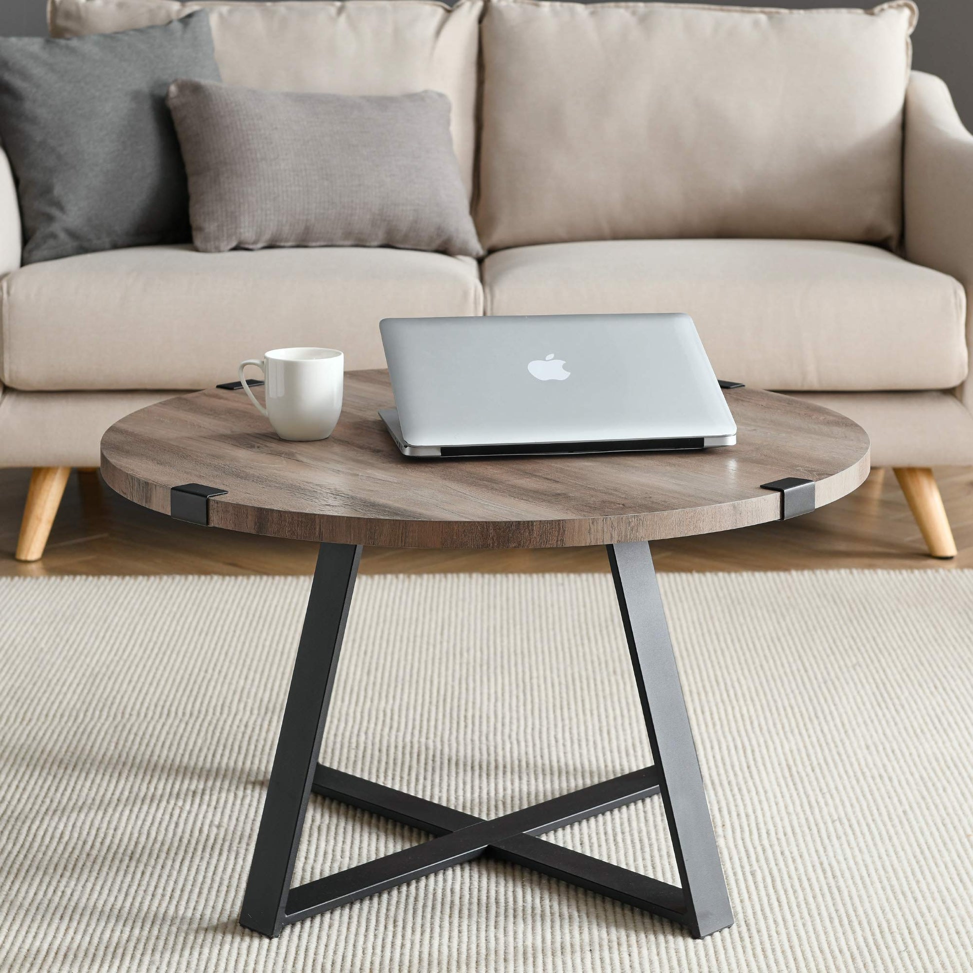 Walker Edison Anastasia Modern Metal Wrap X Base Coffee Table, 30 Inch, Grey Wash and Black - WoodArtSupply