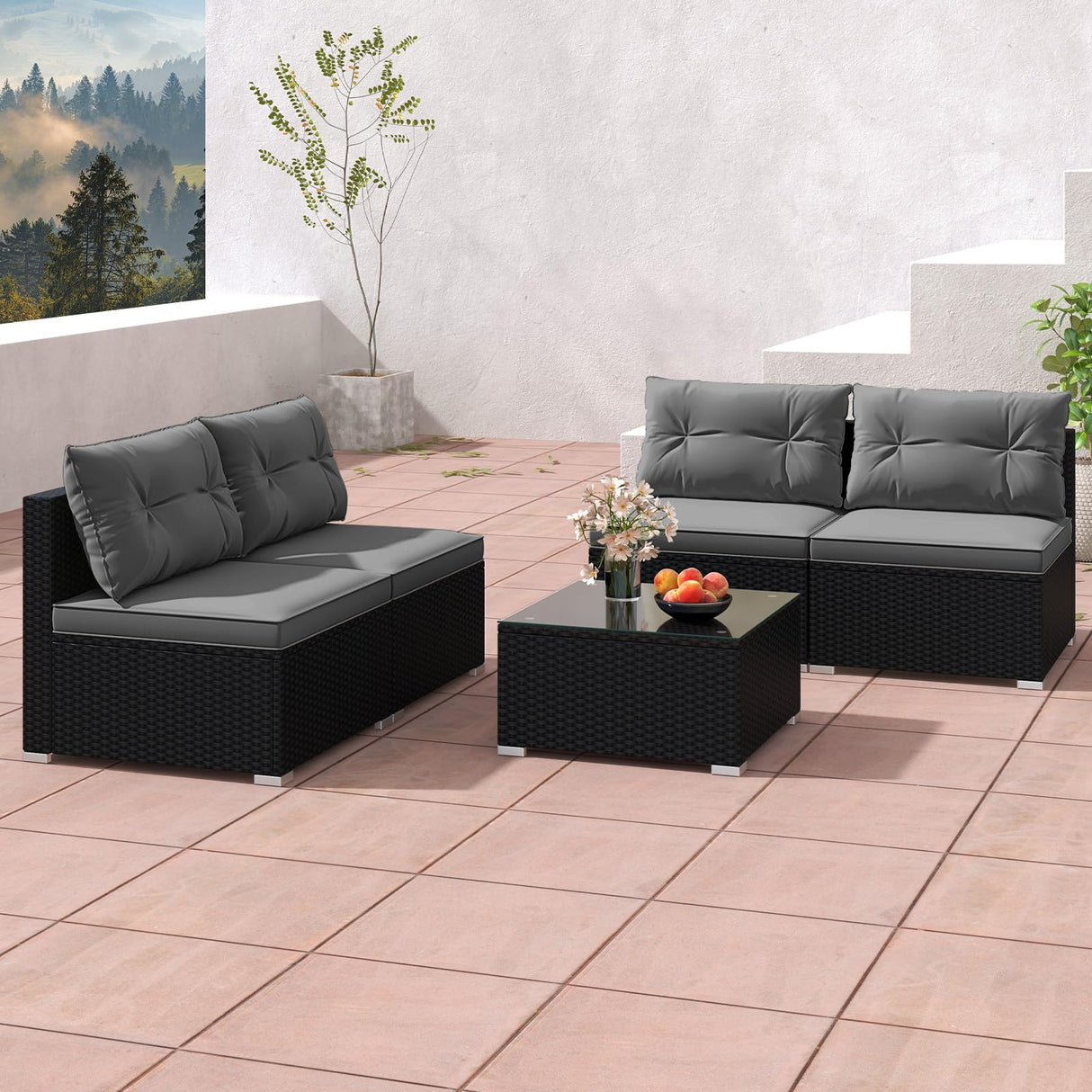 RELAX4LIFE 5-Piece Outdoor Patio Furniture Set, Rattan Sectional Sofa Set w/Glass-Top Coffee Table, Soft Seat & Back Cushions, Bistro Set for Garden Backyard Porch, Wicker Conversation Set (Grey) RELAX4LIFE