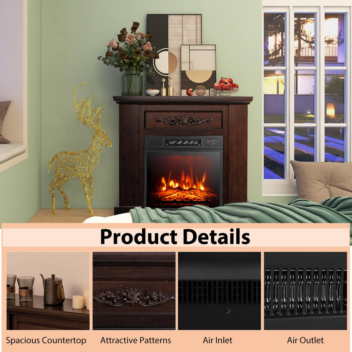 RELAX4LIFE 32-inch Electric Fireplace with Mantel - 1400W Fireplace Insert w/3 Flame Brightness, 6H Timer, Overheat Protection, Remote Control, Wood Surround Firebox with Fireplace Heater (Brown) RELAX4LIFE