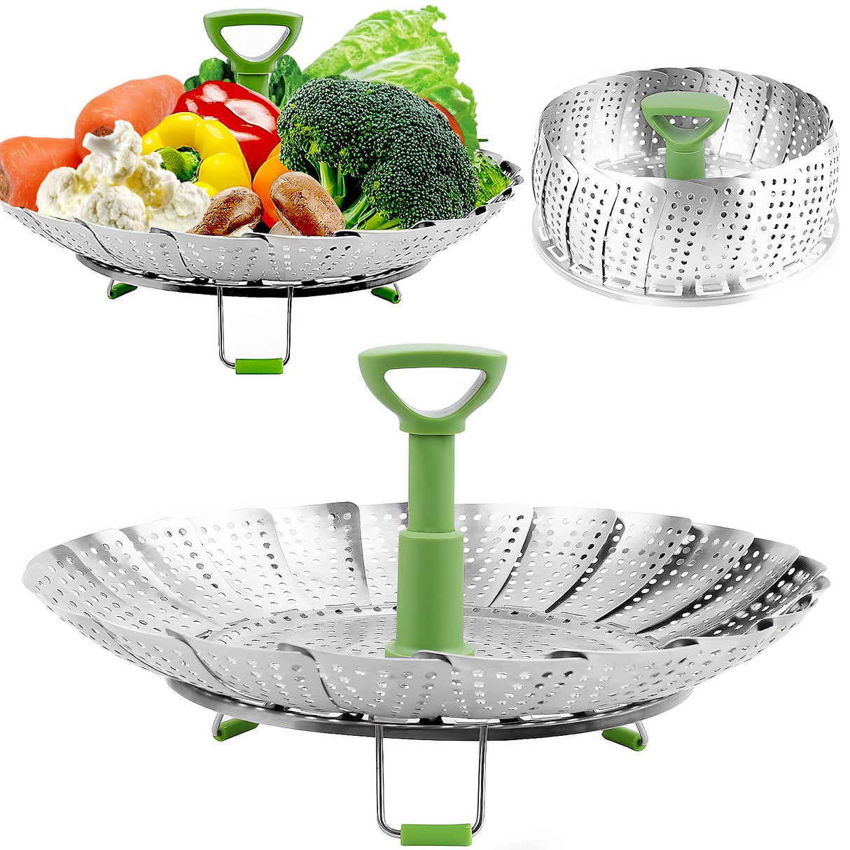 Consevisen Vegetable Steamer Basket for Cooking Food, Stainless Steel Veggie Steam Basket for Pot, Folding Expandable Steaming Insert with Extendable Handle Fits Various Size Pot, 5.1" to 9" Consevisen