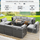 BULEXYARD 9 Piece High Back Outdoor Sectional Seating with Fire Pit Table, Heavy Duty Sturdy Wicker Patio Set Conversation Couch Sofa, Extra Wide Deep Large 8-Person Deck Furniture Set, Light Grey BULEXYARD