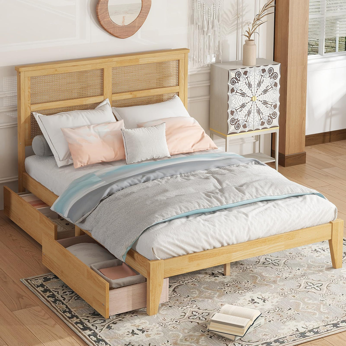 HRVEOCEI Boho Bed Frame Full with Rattan Headboard, Rattan Bed Frame & Full Beds Frames with Wood Legs, Solid Wood Beds Frames with Storage Underneath,Easy Assembly (White Oak, Full) HRVEOCEI