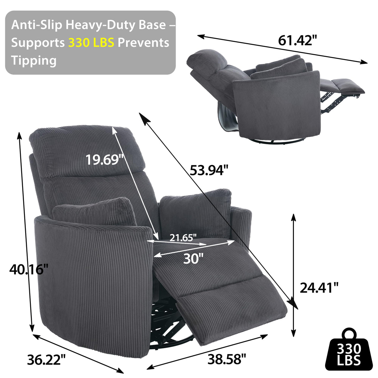 GNMLP2020 Power Swivel Glider Rocking Recliner Nursery Chair, Corduroy Rocker Recliner with USB, 2 Pillows, Barrel Armchair Single Sofa for Living Room Bedroom, Dark Grey GNMLP2020