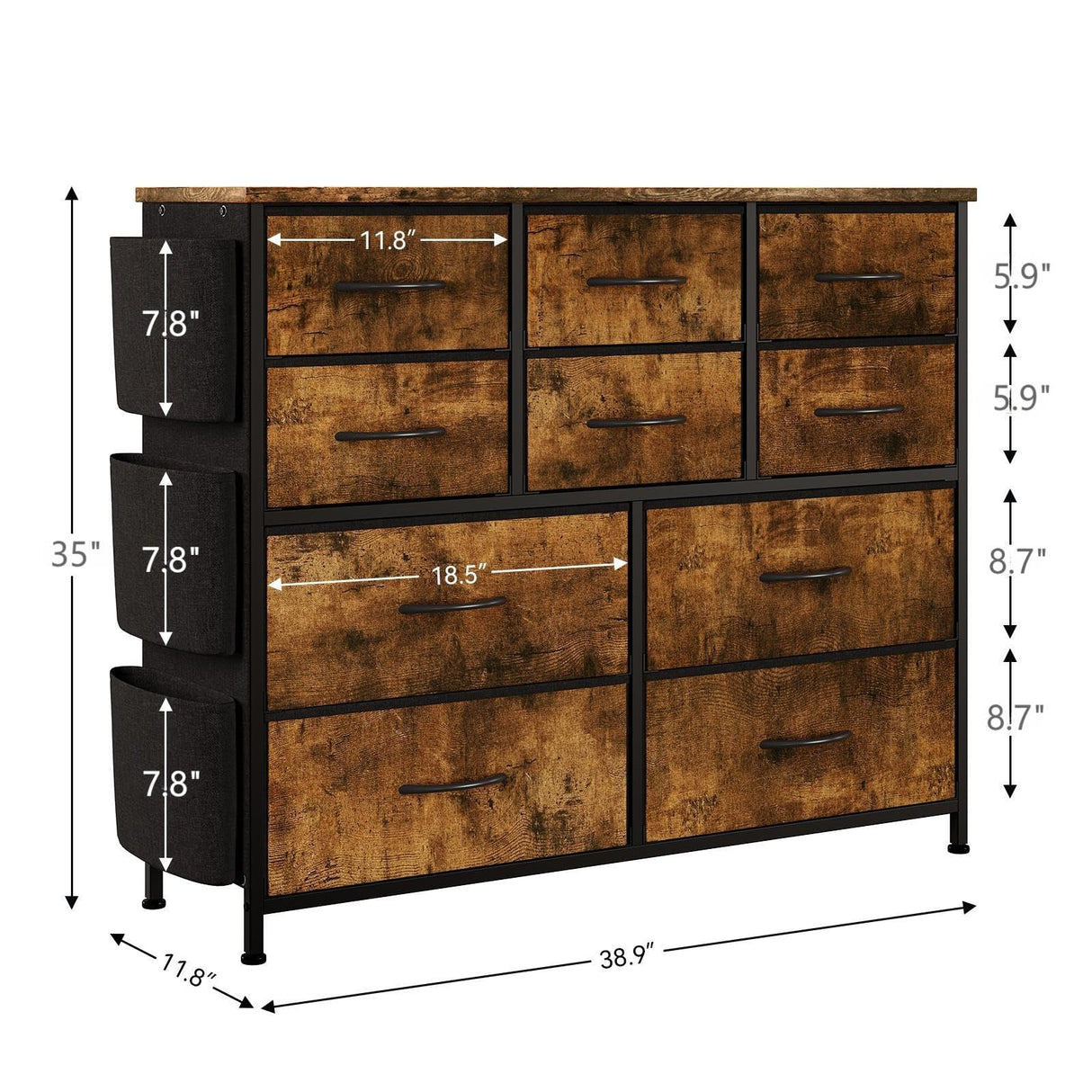 Dresser for Bedroom, 10 Drawers Fabric Storage Drawer, Dressers & Chest of Drawers with Side Pockets, Hooks, Wood Tabletop for Closet, Living Room, Hallway (Rustic Brown) Jojoka