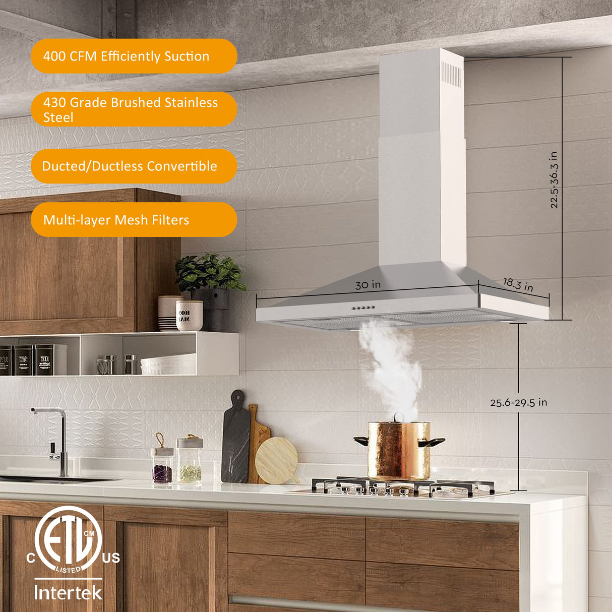 FIREGAS Wall Mount Range Hood 30 inch, 400 CFM Stainless Steel Stove Vent Hood with 3 Speed Exhaust Fan, Ducted/Ductless Convertible Duct kitchen hood, LED Lights, Push Button, Charcoal Filters FIREGAS