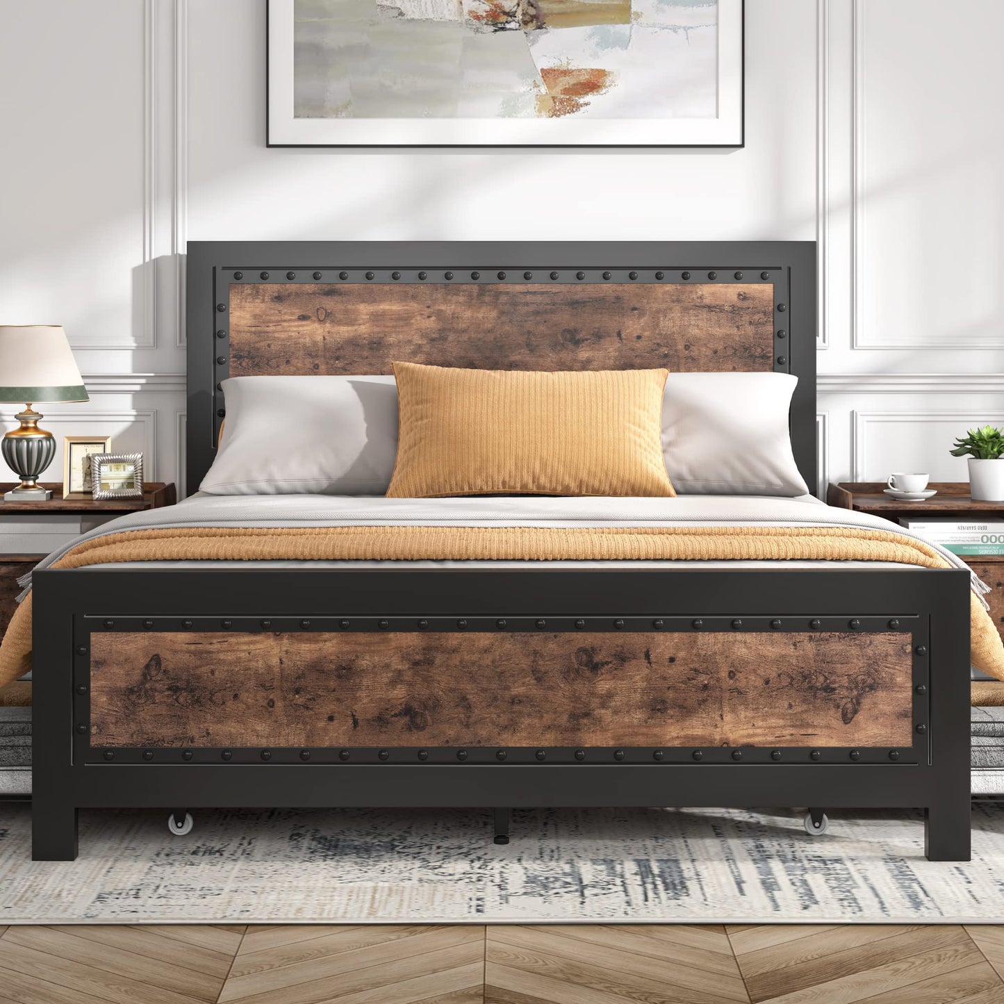 Keyluv Vintage Brown King Bed Frame with 4 Storage Drawers and Rivet Headboard - WoodArtSupply