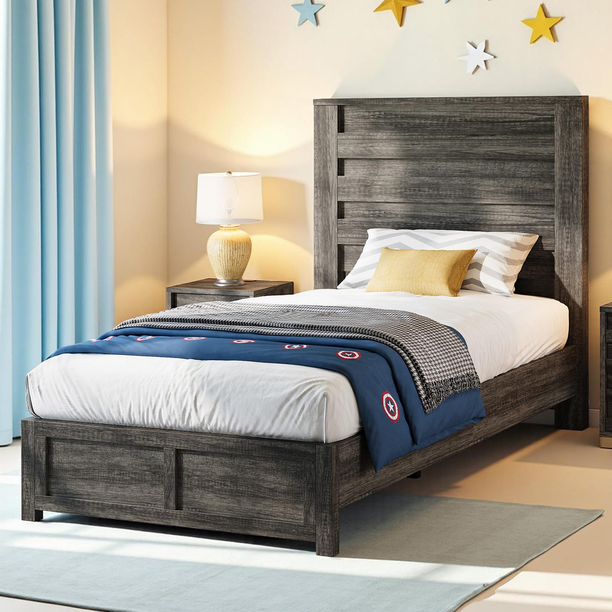 Albott Farmhouse Twin Platform Bed with 49" Fluted Headboard, Wood Bed Frame with Natural Grain Finish, No Box Spring Needed, Noise-Free, Rustic Grey Albott