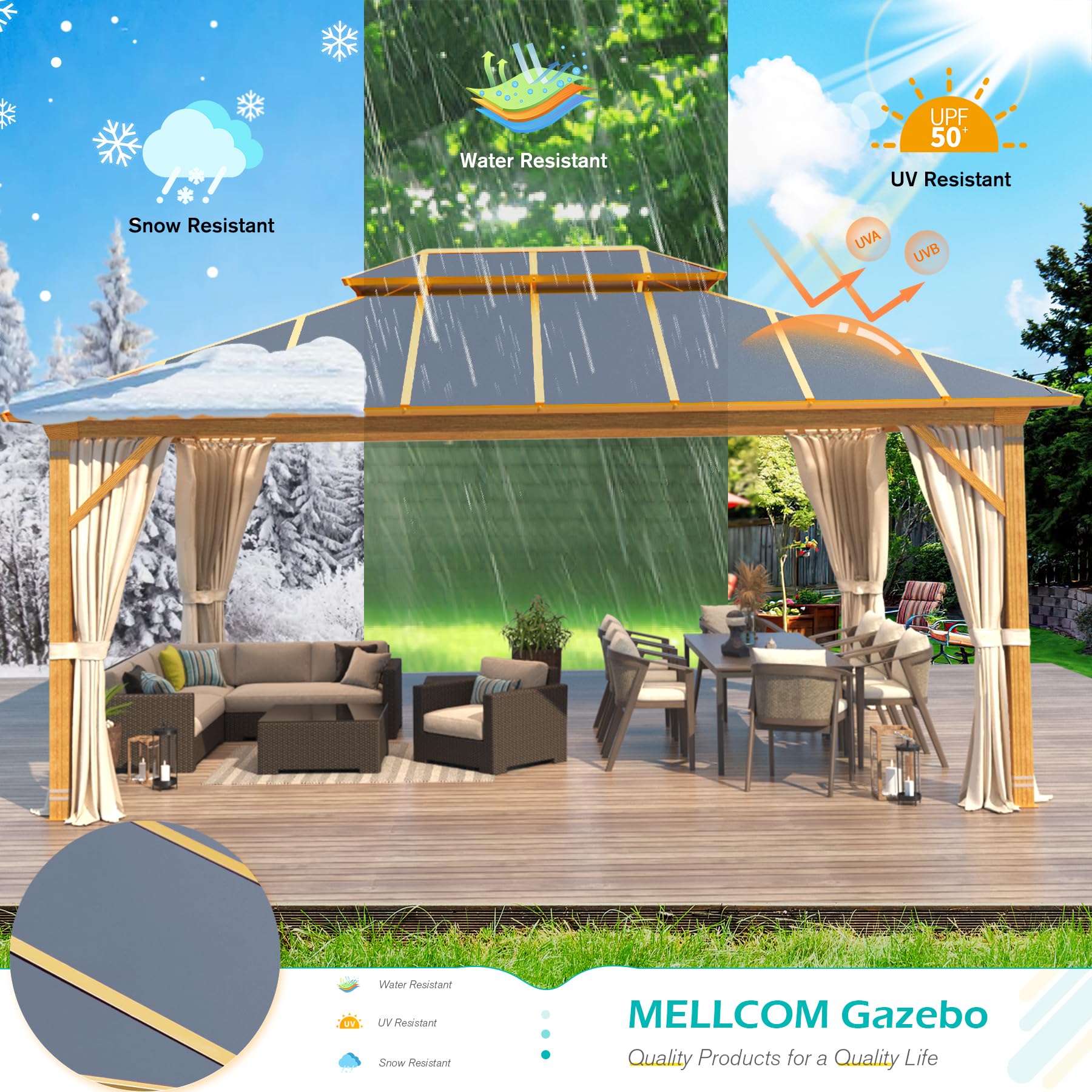 MELLCOM 12x16FT Hardtop Gazebo,Wooden Finish Coated Aluminum Patio Gazebo with Aluminum Composite Double Roof for Patio Lawn and Garden, Curtains and Netting Included - WoodArtSupply