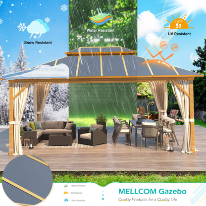 MELLCOM 12x16FT Hardtop Gazebo,Wooden Finish Coated Aluminum Patio Gazebo with Aluminum Composite Double Roof for Patio Lawn and Garden, Curtains and Netting Included - WoodArtSupply