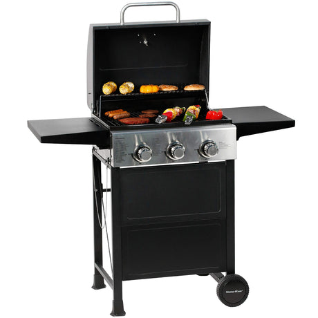 MASTER COOK 3 Burner BBQ Propane Gas Grill, Stainless Steel 30,000 BTU Patio Garden Barbecue Grill with Two Foldable Shelves MASTER COOK