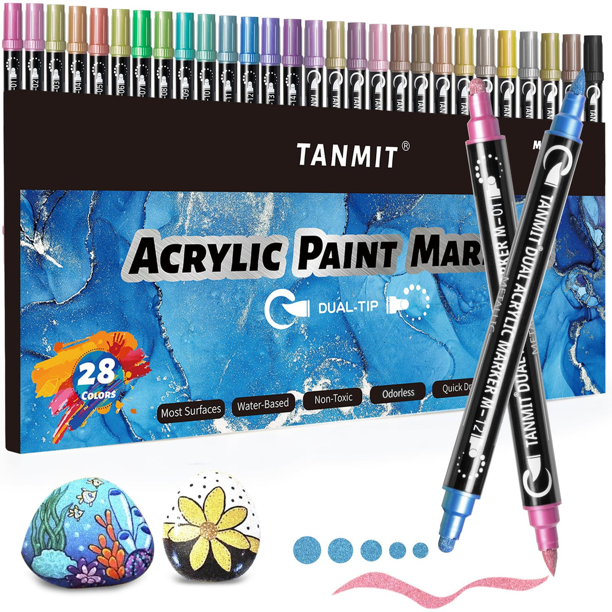 28 Metallic Colors Acrylic Paint Markers, Dual Tip Acrylic Paint Pens for Rock Painting, Black Paper, Wood, Canvas, Stone, Glass, Ceramic, DIY Crafts Making Art Supplies (Brush Tip and Round Tip) TANMIT