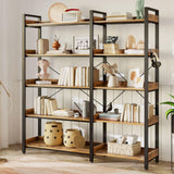 Rolanstar Bookshelf 5 Tier with 4 Hooks, Reversible Corner Bookshelf, 65" Industrial Wooden Bookcase with Open Shelves and Metal Frame for Living Room, Bedroom, Home Office, Rustic Brown Rolanstar