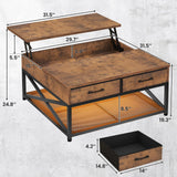Itaar 31.5" Lift Top Coffee Table with Storage, Square Coffee Tables for Living Room, Coffee Table with 2 Fabric Drawers & Large Storage Shelvs, Rustic Brown Itaar