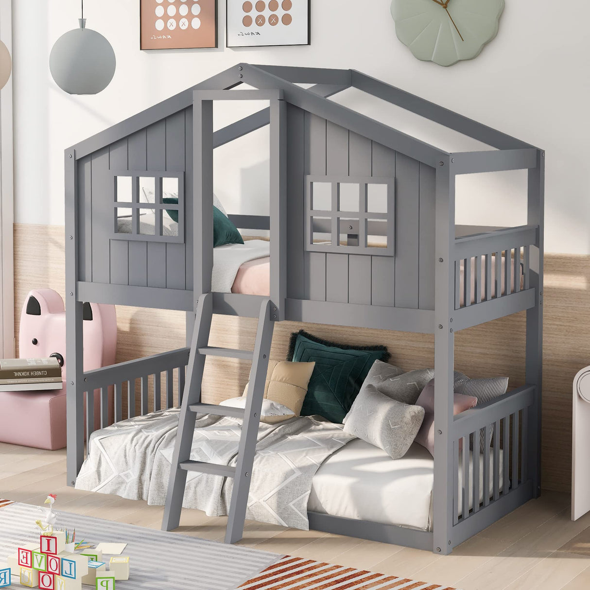 Harper & Bright Designs House Bunk Beds, Twin Over Twin Bunk Bed with Roof, Ladder and Windows, Floor Bunk Bed, Low Bunk Loft Bed for Kids Teens Boys & Girls, Gray Harper & Bright Designs