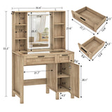 usikey Farmhouse Makeup Vanity Desk with Mirror and Lights, Glass Tabletop Makeup Vanity with Adjustable Shelves, Vanity Table Set with 2 Drawers and Side Cabinet for Bedroom, Maple usikey