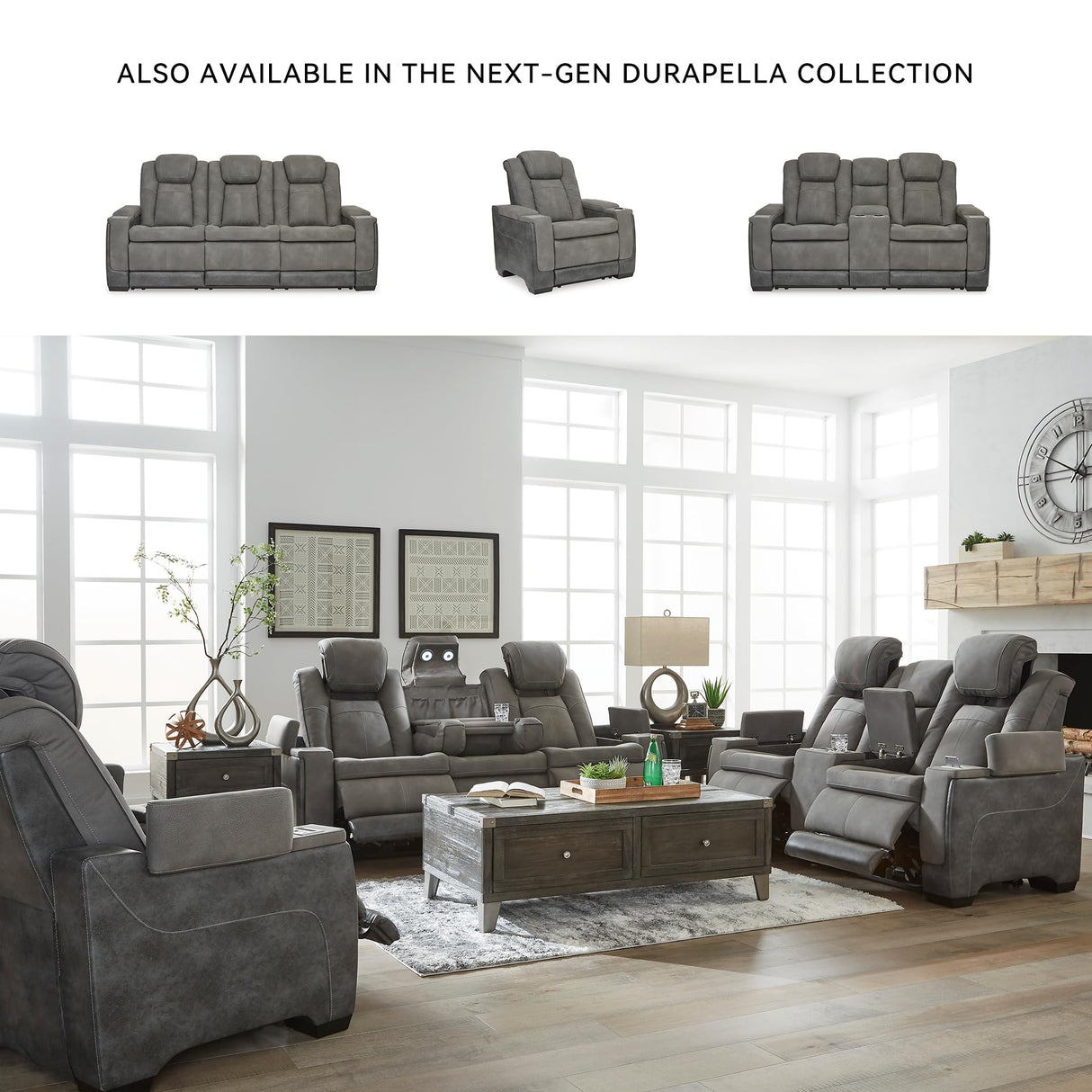 Signature Design by Ashley Next-Gen DuraPella Modern Faux Leather Power Reclining Sofa with Adjustable Headrest, Gray Signature Design by Ashley