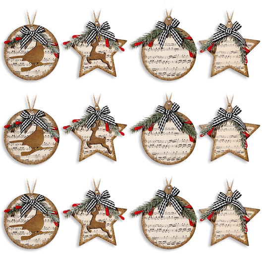 Christmas Decorations Indoor Rustic Ornaments: 12pcs Wood Christmas Hymn Tree Ornaments with Buffalo Plaid Bow Cardinal Reindeer, Vintage Xmas Religious Carol Hanging Decor for Tree Home Office Gift