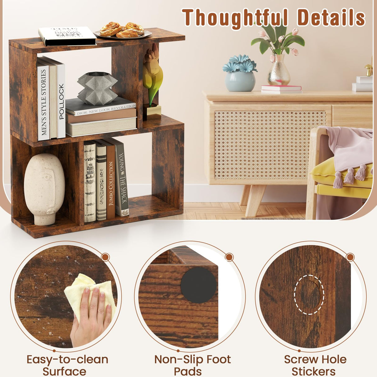 Tangkula 3 Tier Geometric Bookshelf, S Shaped Open Bookcase with Storage, Home Office Decor, Freestanding Wood Display Shelf for Living Room Study, Small Bookshelf for Small Spaces (1, Rustic Brown) Tangkula