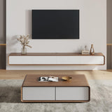 POVISON Mid Century Modern TV Stand and Coffee Table Set of 2, Minimalist Floating TV Stand 95" Modern Wall-Mounted Entertainment Center, 51" Square Wood Coffee Table, Walnut & White POVISON