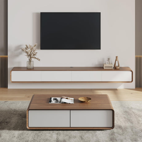 POVISON Mid Century Modern TV Stand and Coffee Table Set of 2, Minimalist Floating TV Stand 95" Modern Wall-Mounted Entertainment Center, 51" Square Wood Coffee Table, Walnut & White POVISON