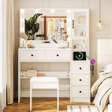 Makeup Vanity with Lights & Charging Station, White Vanity Table with 5 Drawers & Open Storage Shelves, Vanity Desk with Mirror & Lights, Dressing Table Set, Bedroom Makeup Table Set Black Handle TOKSOM