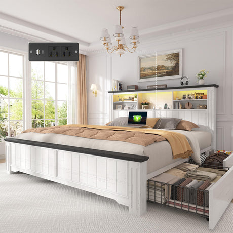 EnHomee Queen Bed Frame with Headboard, Bed Frame Queen Size with 4 Drawers Charging Port & LED, Farmhouse Queen Bed Built in Charging Station,No Box Spring Needed,NO Noise,White with Grain Marks EnHomee