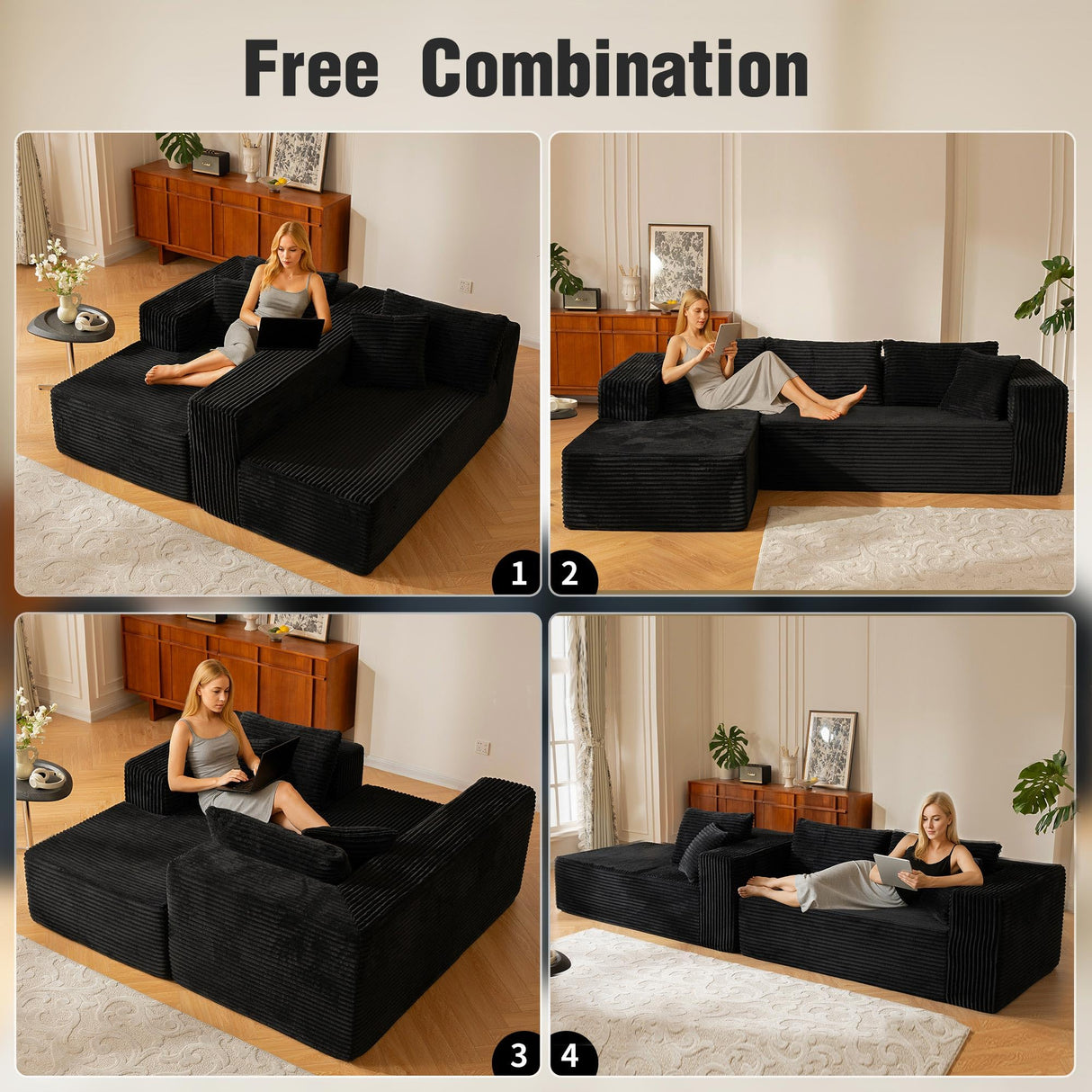 110” No Assembly Compression Boneless in a Box Cloud Sectional Couches for Living Room L-Shape Sleeper Sofa, Modern Modular Corduroy Reclining Comfy Fluffy Memory Foam Furniture for Bedroom Home Black lzgxhf