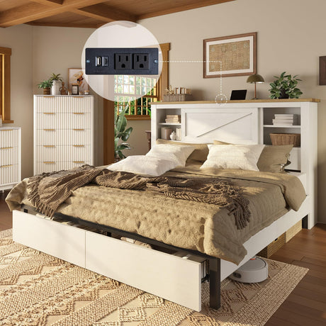 AMERLIFE King 47.2" H Bed Frame with Hidden Space Bookcase Headboard and Charging Station, Beds with 2 Storage Drawers and Wood Slats, No Box Spring Needed, White & Barnwood AMERLIFE