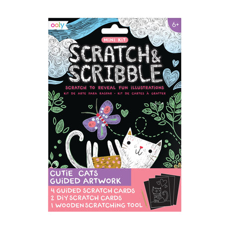 Ooly Mini Scratch & Scribble Art Kit - 6 Card Rainbow Scratch Art Set Summer Crafts for Kids, Travel-Friendly Craft Kit, Wooden Tool Included - Cutie Cats Ooly