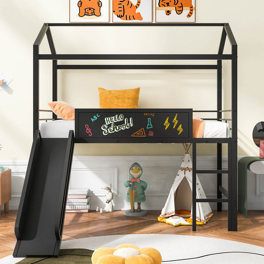 Twin House Loft Beds with Slide and Chalkboard, Low Loft Bed Twin Size, Metal House Bed with Guardrail and Ladder, Metal Twin Size Loft Bed for Kids Teens Girls Boys (Twin, Black)