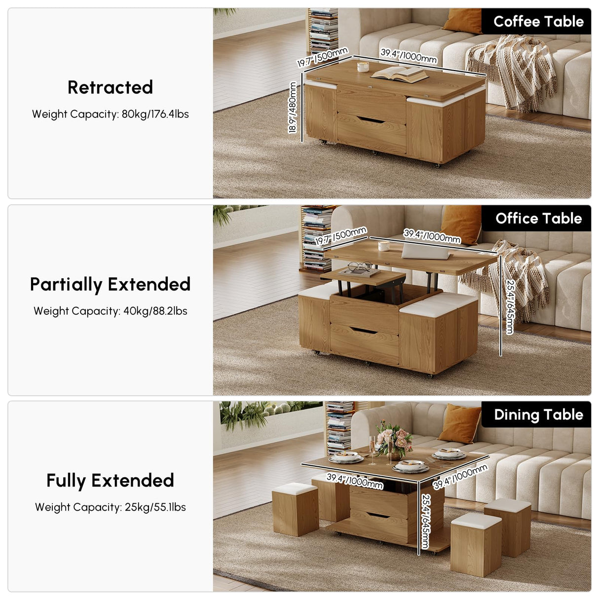 homary Natural Lift Top Coffee Table with Hidden Storage, 3 in 1 Multi-Function Modern Folding Center Table with 4 Stools and Casters homary