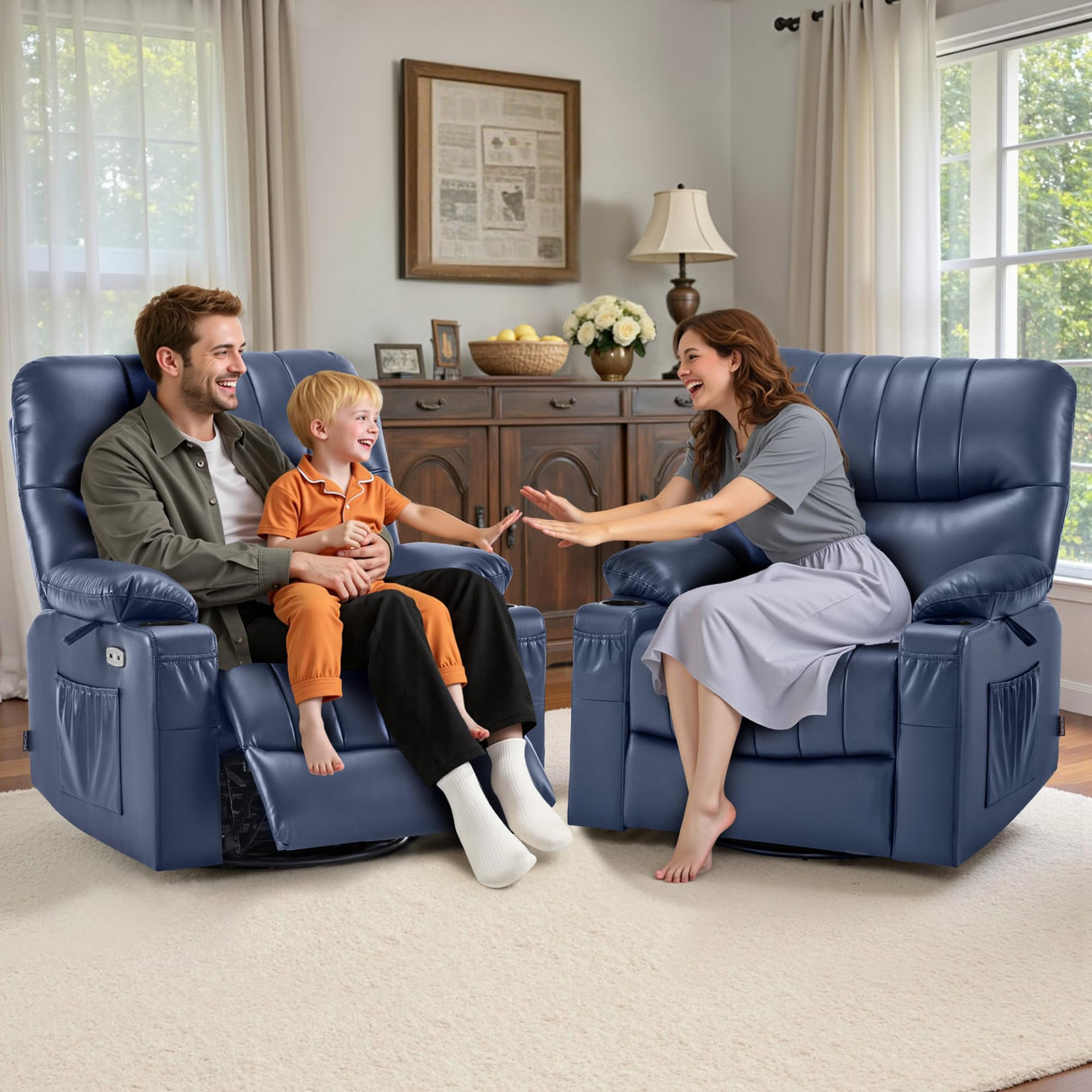 MCombo Oversized Swivel Glider Rocker Power Recliner Chair for Living Room with Heat and Vibration Massage, USB Ports, Cup Holders and Pockets, Faux Leather 7785 (Navy Blue) MCombo