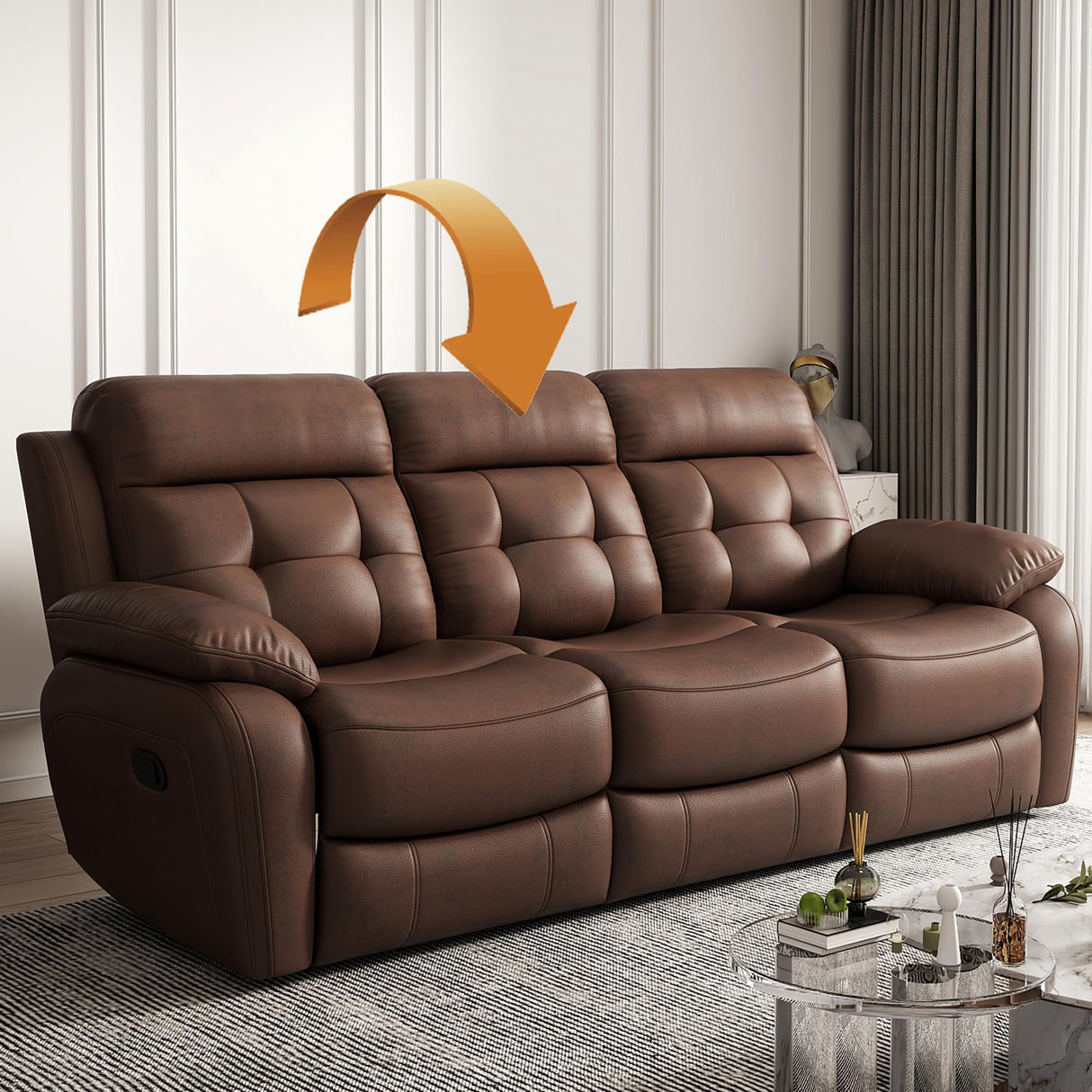 Olodumare Genuine Leather Manual Reclining Sofa with Console, Drop Down Table, Cup Holders and Magazine Bag, 3-Seater Recliner, Mid-Century, for Living Room, Bedroom, Recreation Room-Brown Olodumare