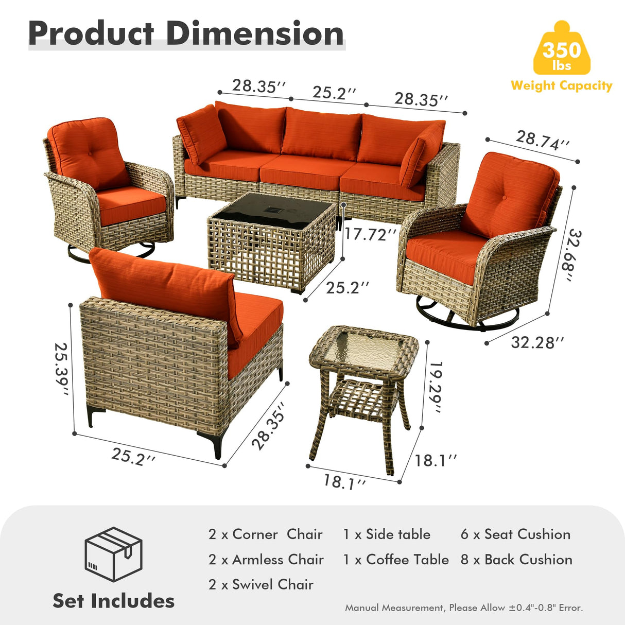 HOOOWOOO Outdoor Patio Furniture Set,8 Pieces Wicker Out Door Sectional Furniture L Shaped Couch,Patio Conversation Sets with Swivel Rocking Chair LED Table,Brick Red HOOOWOOO